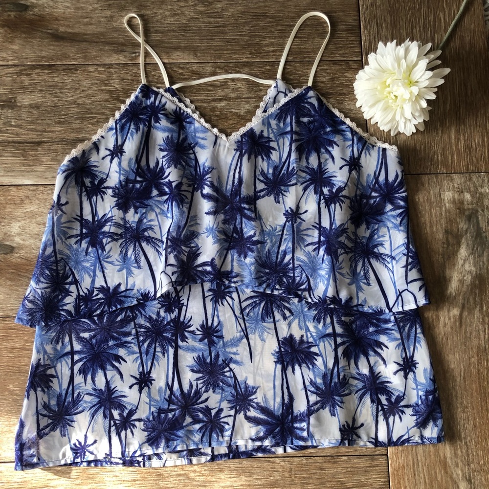 Paper Crane Blue & White Palm Print Strappy Blouse